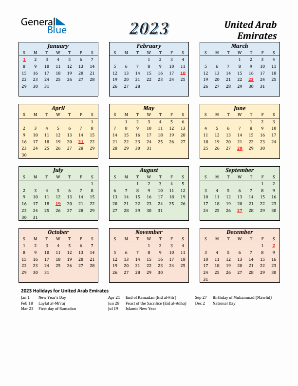 United Arab Emirates Calendar 2023 with Sunday Start
