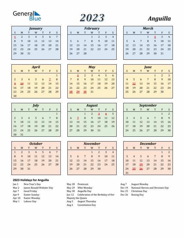 Anguilla Calendar 2023 with Sunday Start