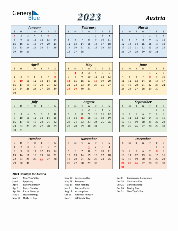 Austria Calendar 2023 with Sunday Start