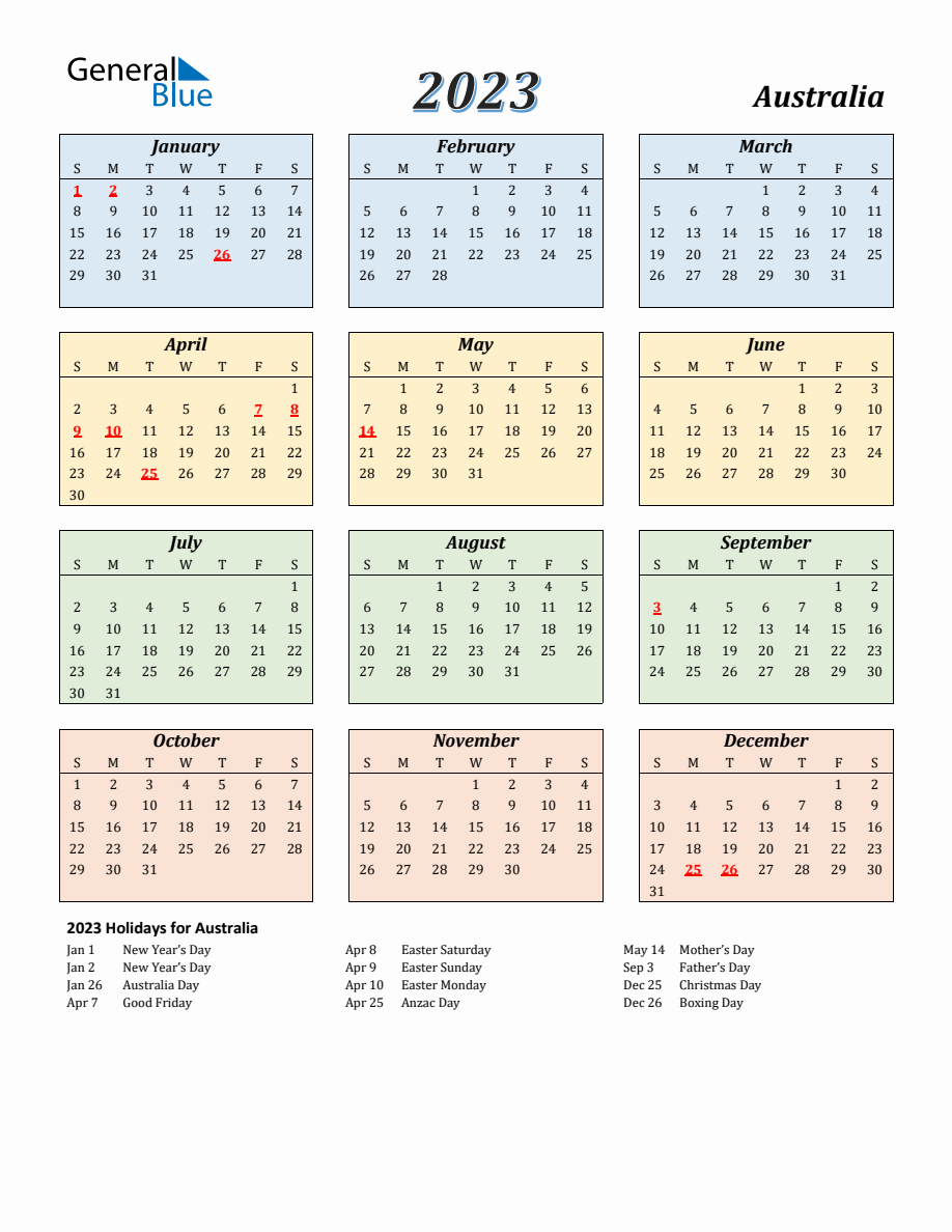 2023 Australia Calendar with Sunday Start