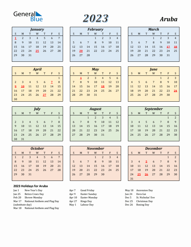 Aruba Calendar 2023 with Sunday Start