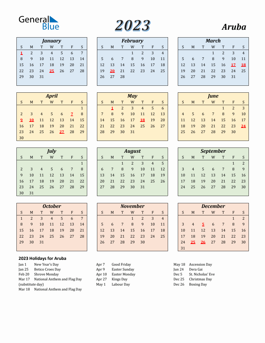 2023 Aruba Calendar With Sunday Start   2023 Calendar Streamlined Colored With Holidays Portrait Sunday Start En Aw 918x1188 