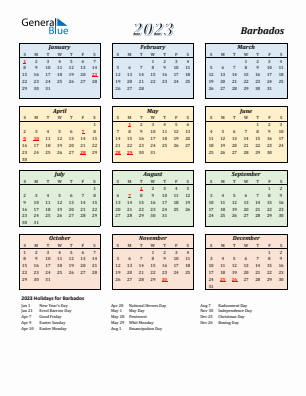 Barbados current year calendar 2023 with holidays