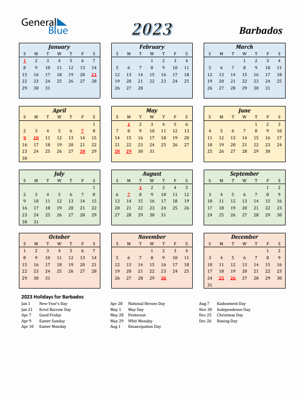 Barbados Calendar 2023 with Sunday Start