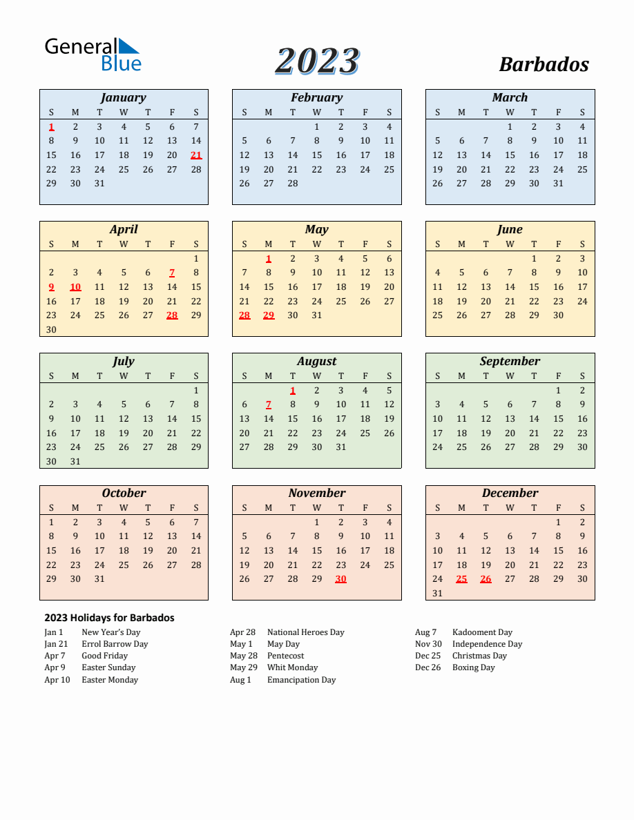 2023 Barbados Calendar with Sunday Start