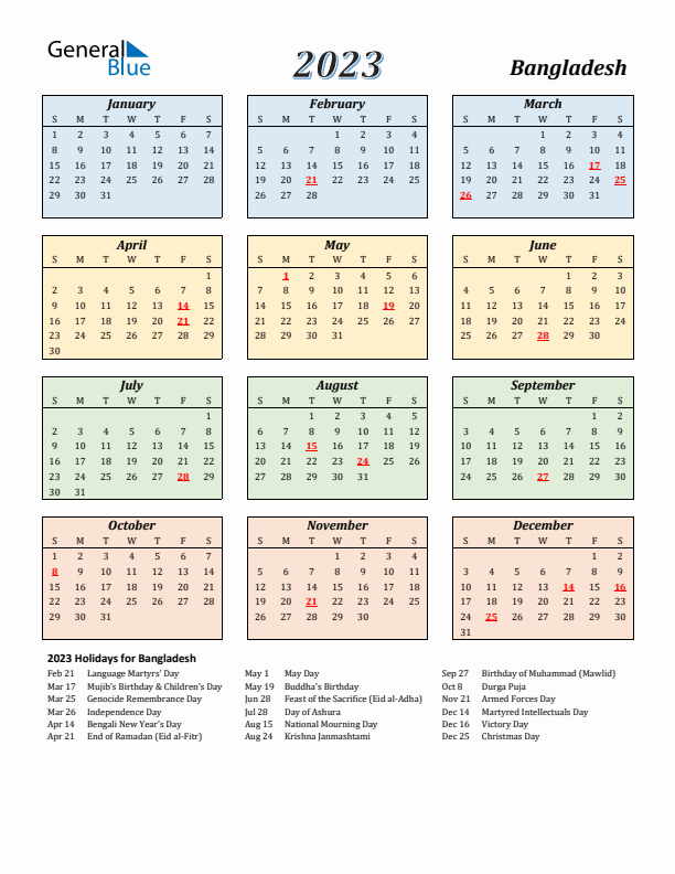 Bangladesh Calendar 2023 with Sunday Start
