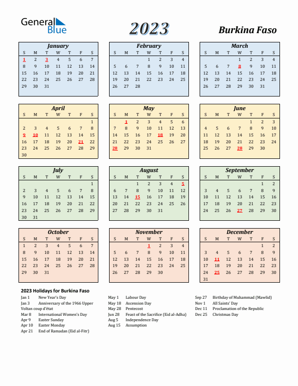 Burkina Faso Calendar 2023 with Sunday Start