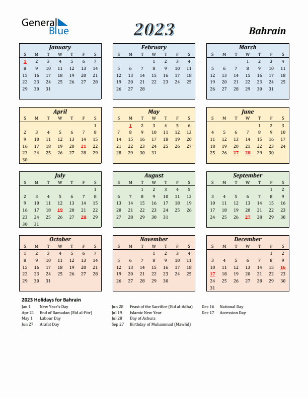 2023 Bahrain Calendar with Holidays
