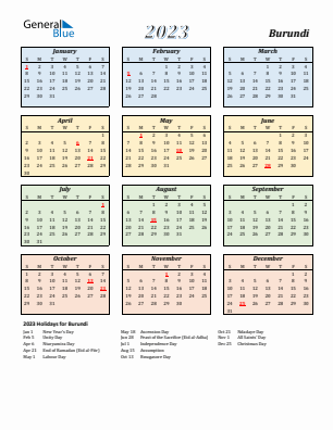Burundi current year calendar 2023 with holidays