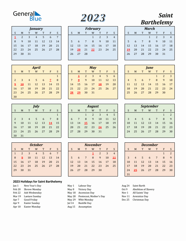 Saint Barthelemy Calendar 2023 with Sunday Start