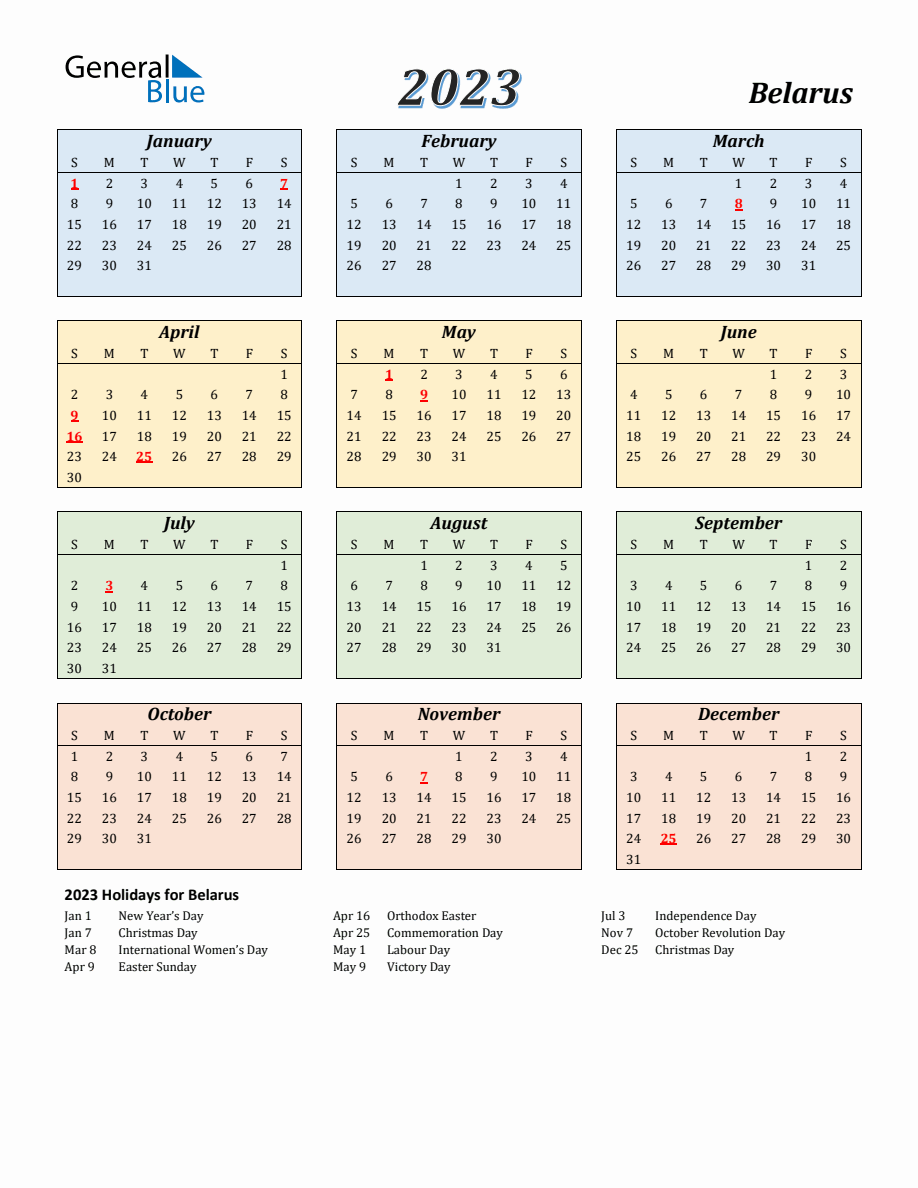 2023 Belarus Calendar With Sunday Start