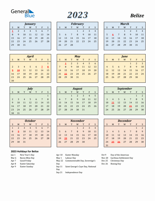 Belize Calendar 2023 with Sunday Start
