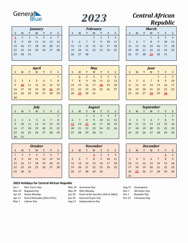 Central African Republic Calendar 2023 with Sunday Start