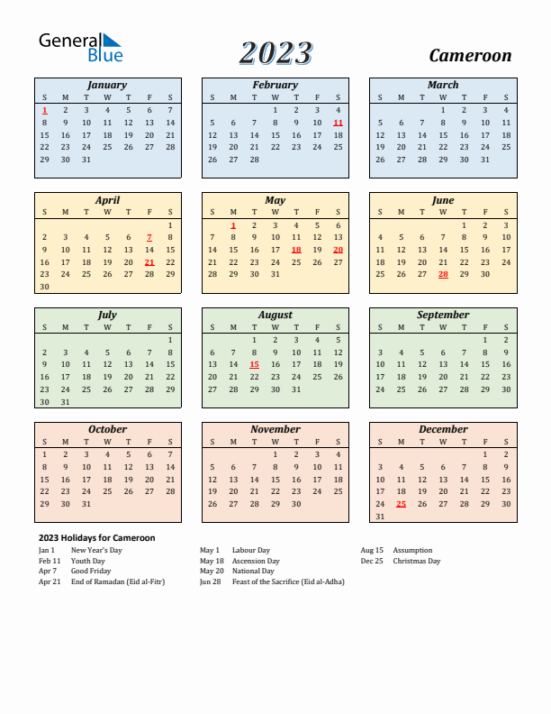 Cameroon Calendar 2023 with Sunday Start