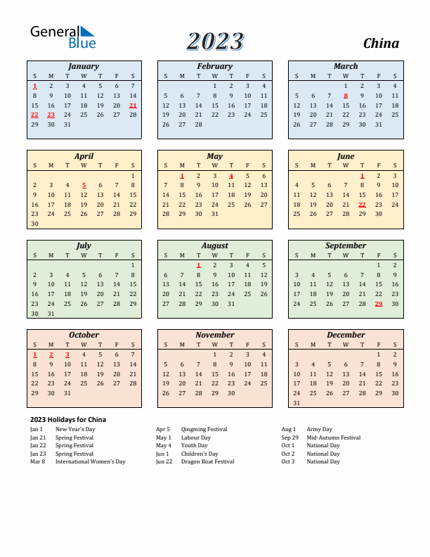 China Calendar 2023 with Sunday Start