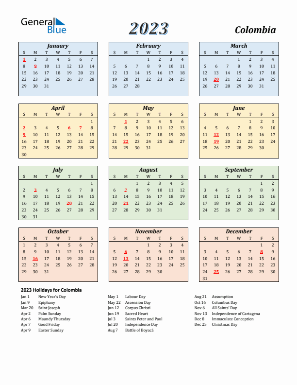 Colombia Calendar 2023 with Sunday Start
