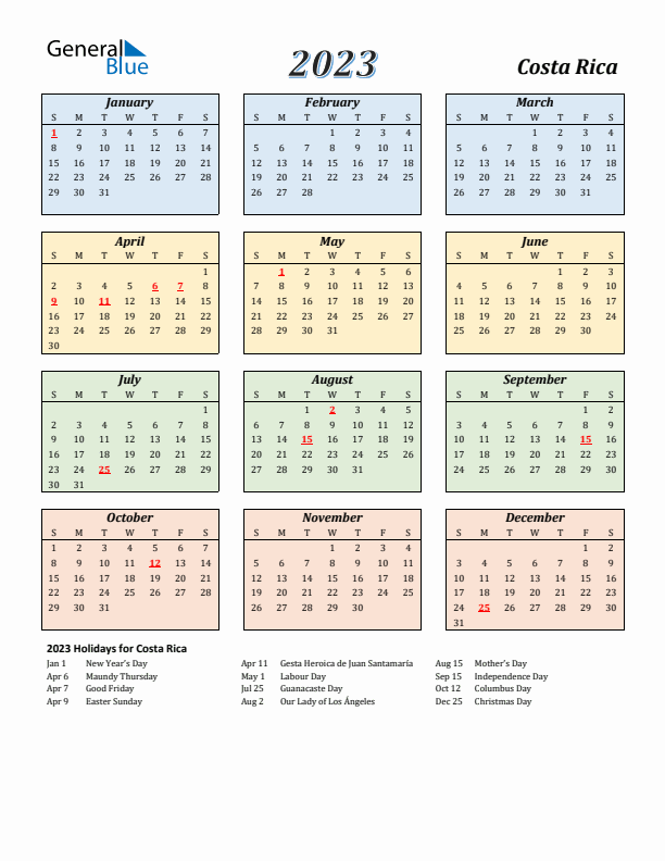 Costa Rica Calendar 2023 with Sunday Start