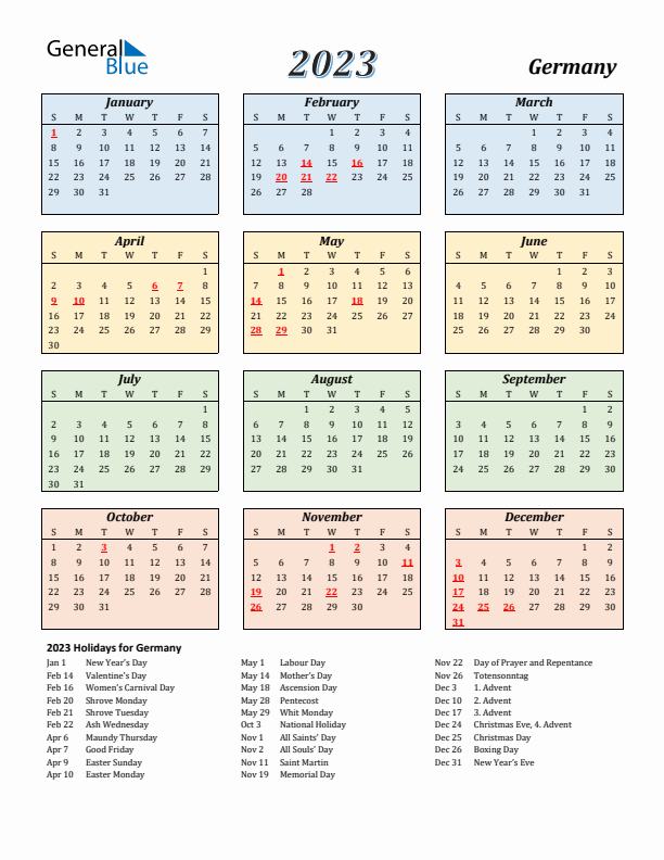 Germany Calendar 2023 with Sunday Start