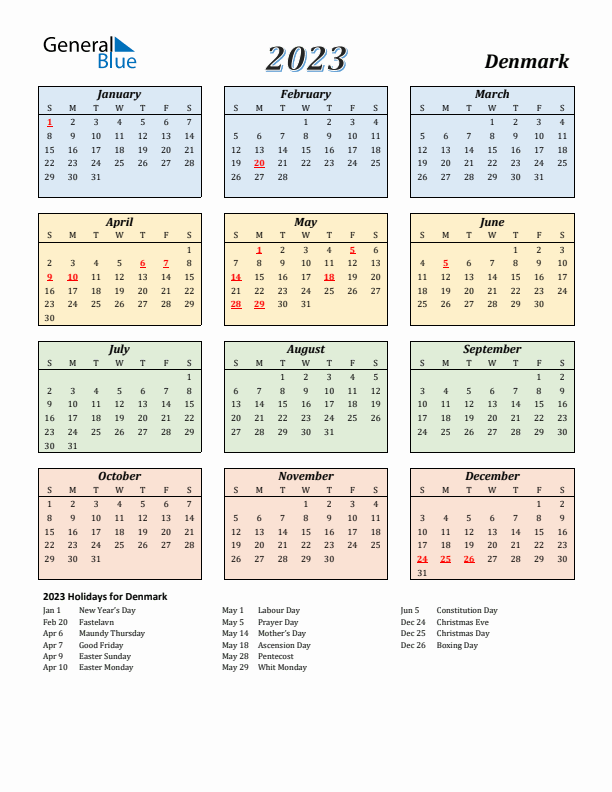 Denmark Calendar 2023 with Sunday Start