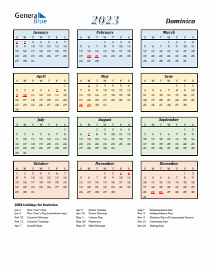 Dominica current year calendar 2023 with holidays