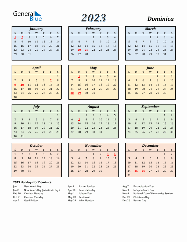 Dominica Calendar 2023 with Sunday Start