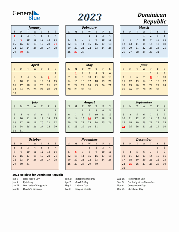 Dominican Republic Calendar 2023 with Sunday Start