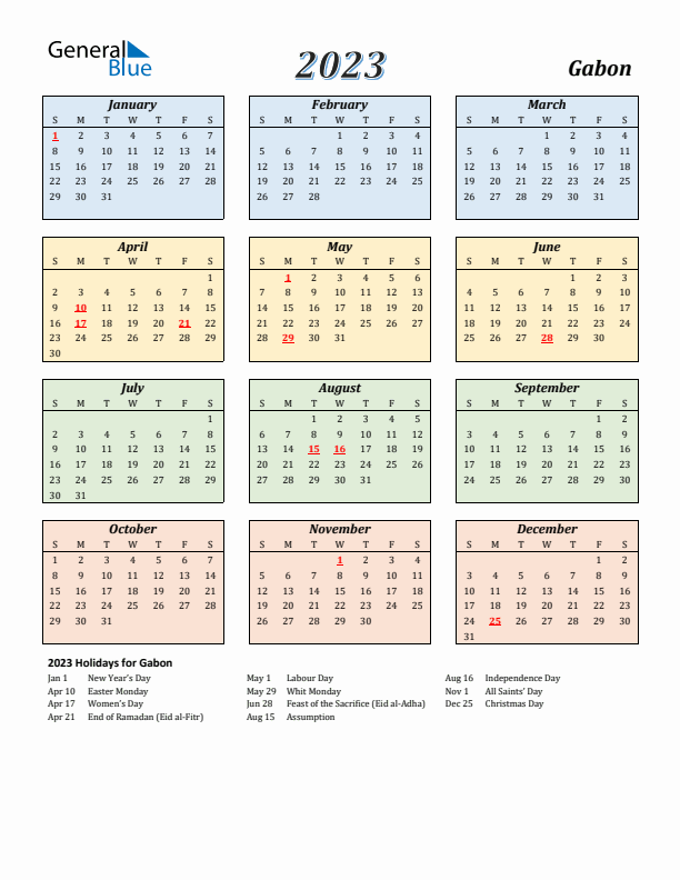 Gabon Calendar 2023 with Sunday Start