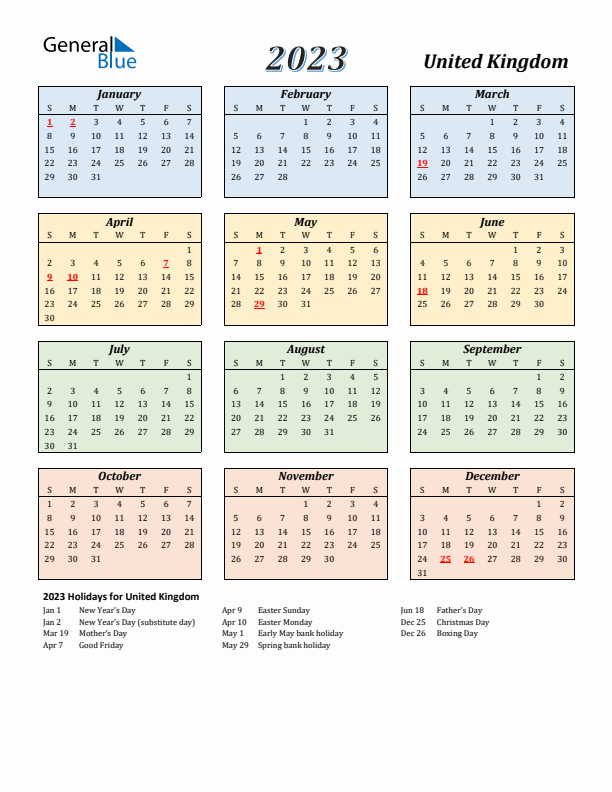 United Kingdom Calendar 2023 with Sunday Start