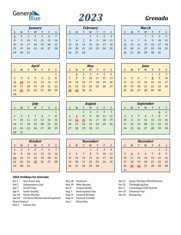 Grenada Calendar 2023 with Sunday Start