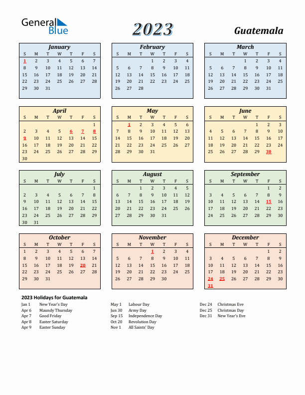Guatemala Calendar 2023 with Sunday Start