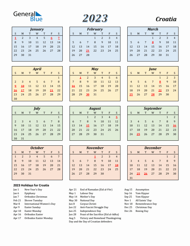 Croatia Calendar 2023 with Sunday Start