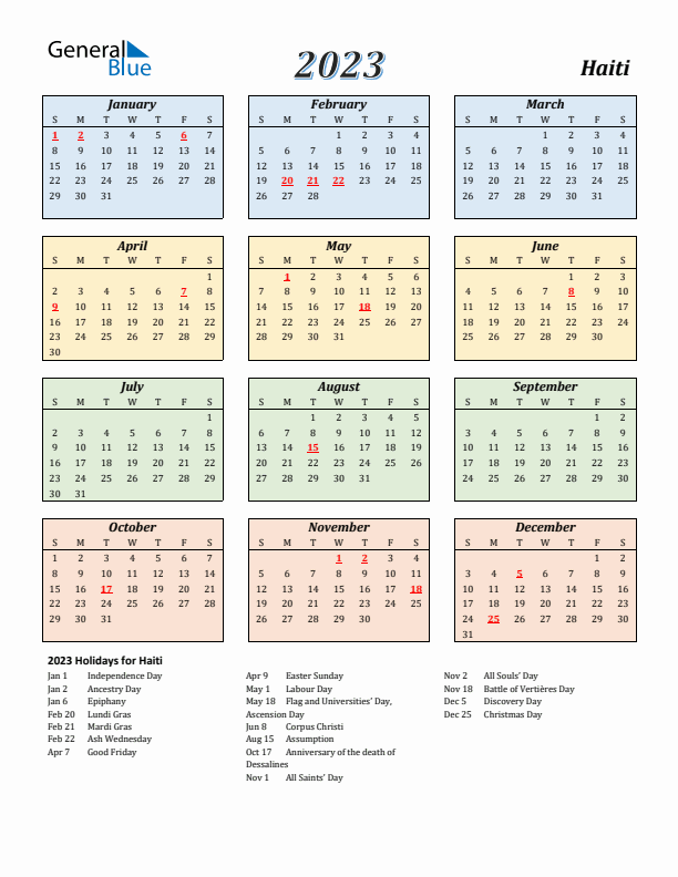 Haiti Calendar 2023 with Sunday Start