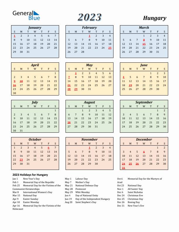 Hungary Calendar 2023 with Sunday Start