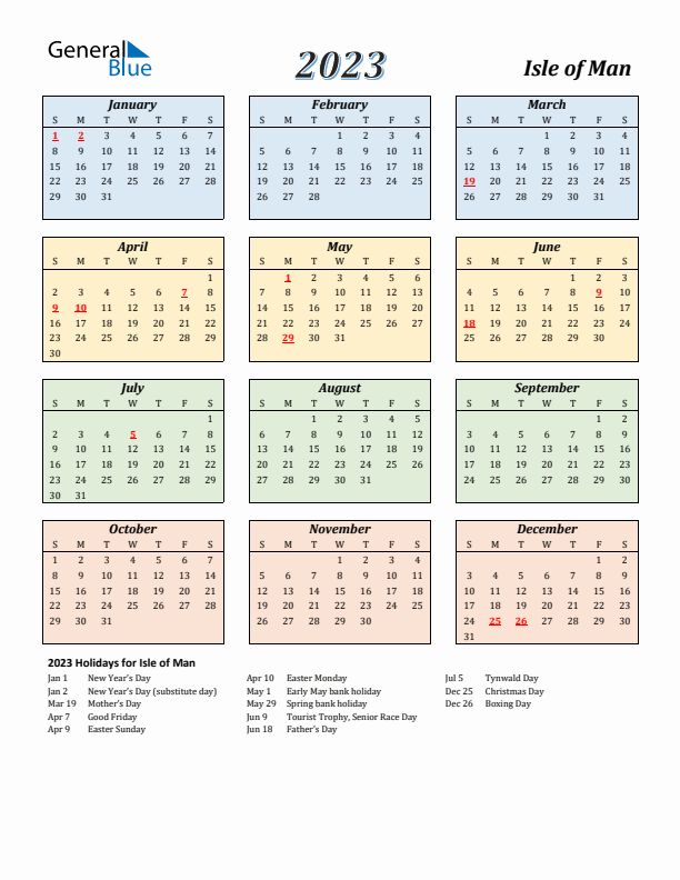Isle of Man Calendar 2023 with Sunday Start