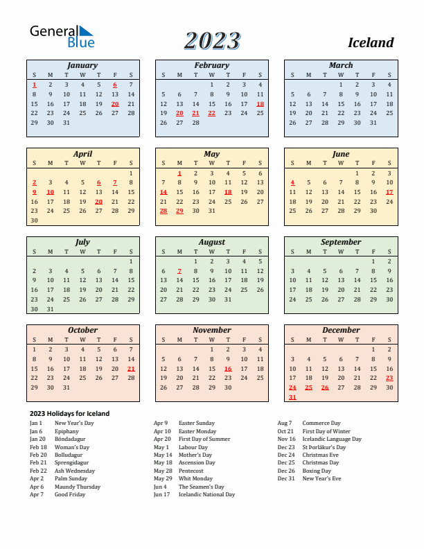Iceland Calendar 2023 with Sunday Start