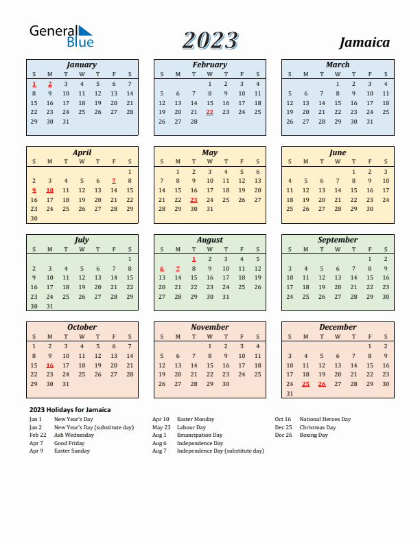 Jamaica Calendar 2023 with Sunday Start