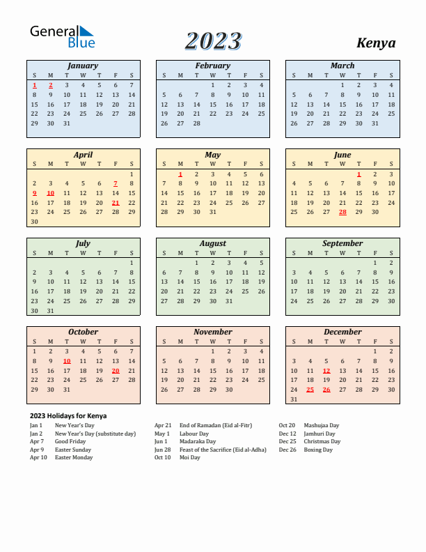 Kenya Calendar 2023 with Sunday Start