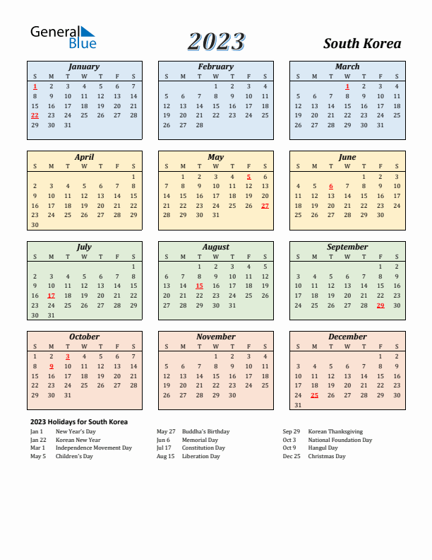 South Korea Calendar 2023 with Sunday Start
