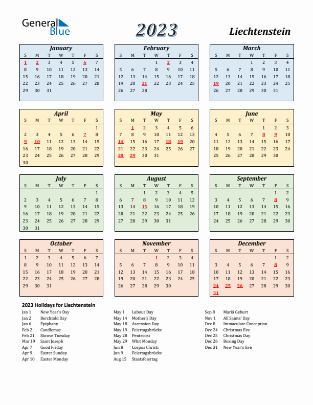 Liechtenstein Calendar 2023 with Sunday Start