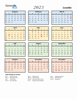 Lesotho current year calendar 2023 with holidays