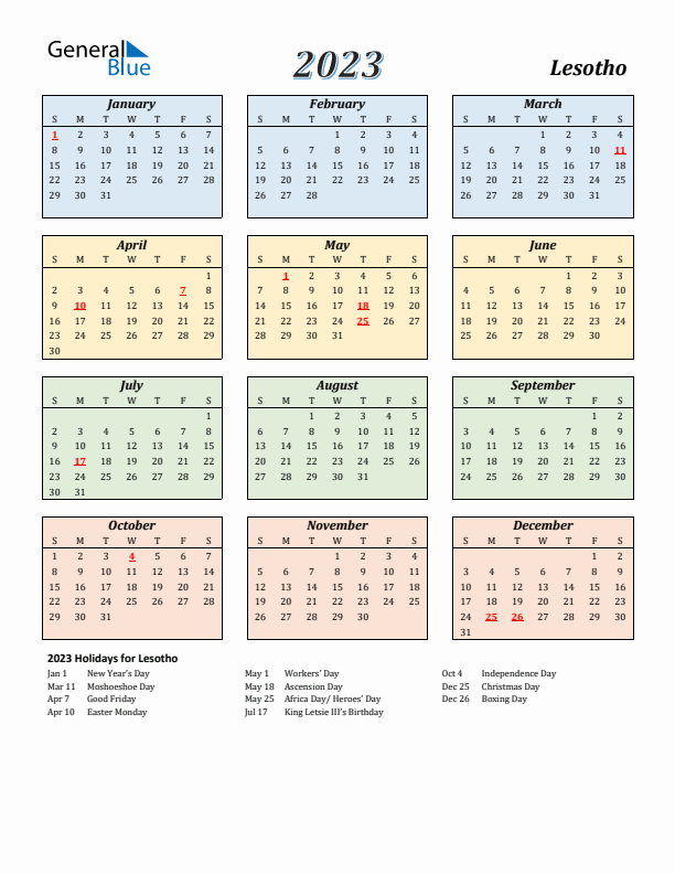 Lesotho Calendar 2023 with Sunday Start