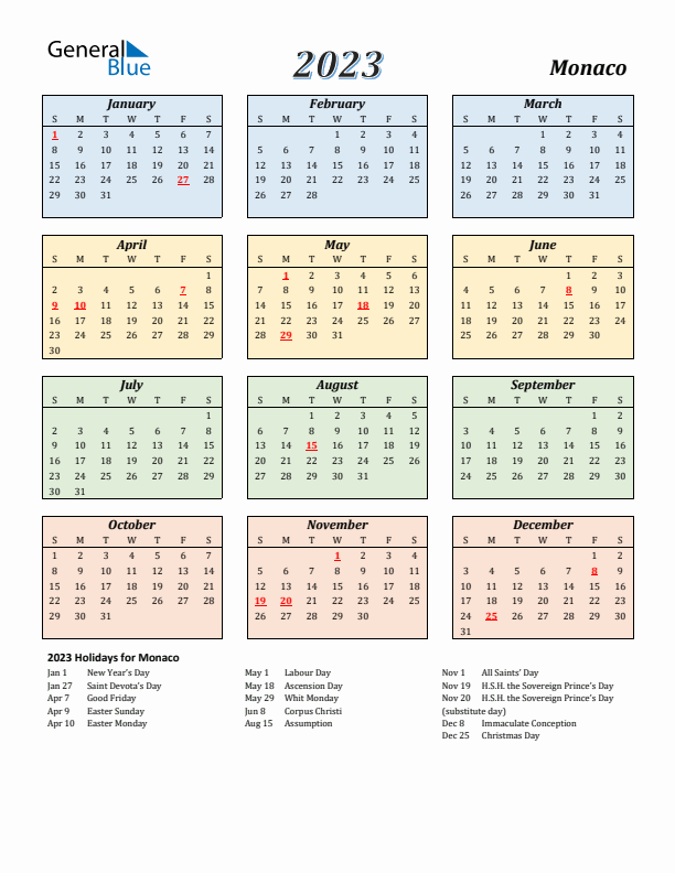 Monaco Calendar 2023 with Sunday Start