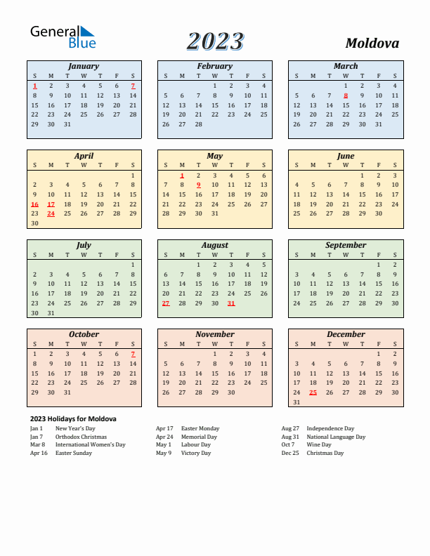 Moldova Calendar 2023 with Sunday Start