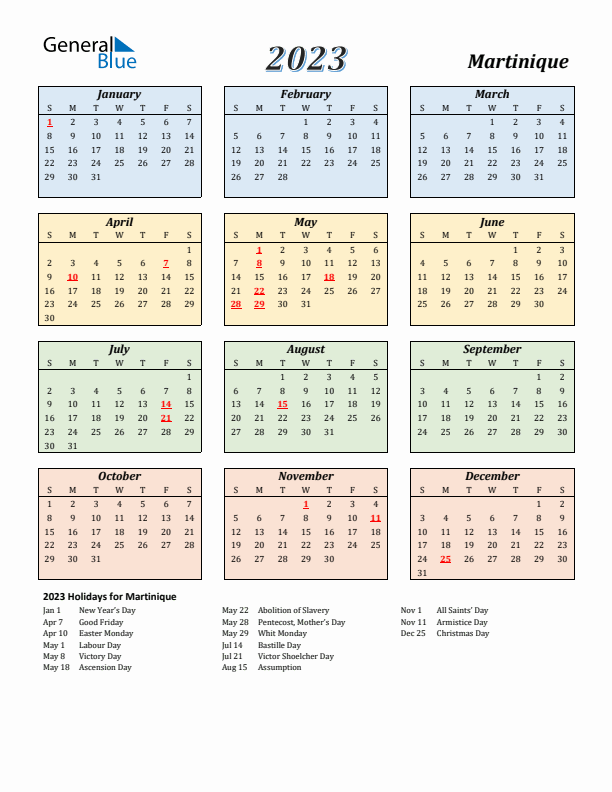 Martinique Calendar 2023 with Sunday Start