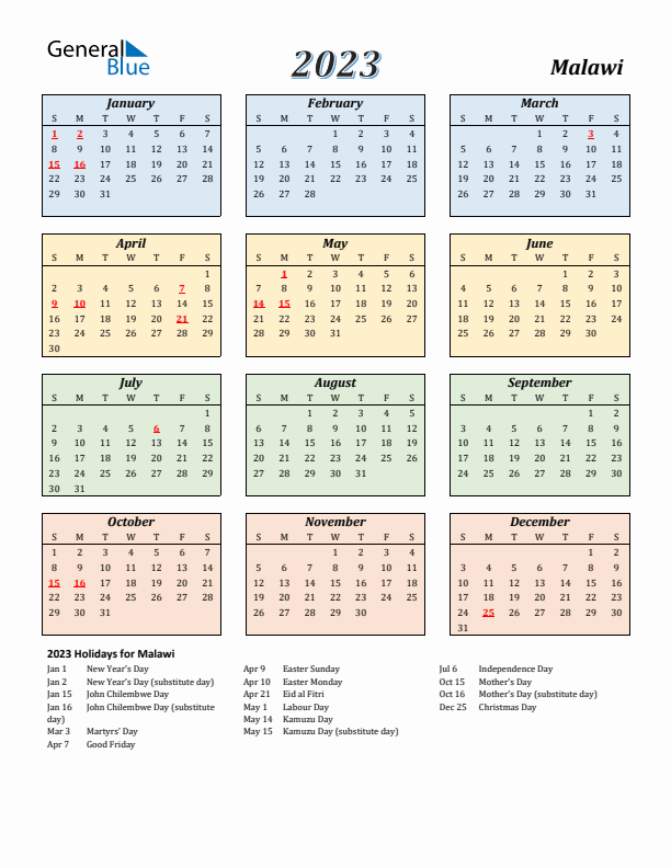 Malawi Calendar 2023 with Sunday Start