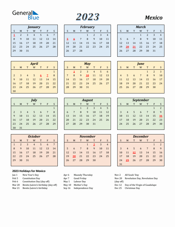 Mexico Calendar 2023 with Sunday Start
