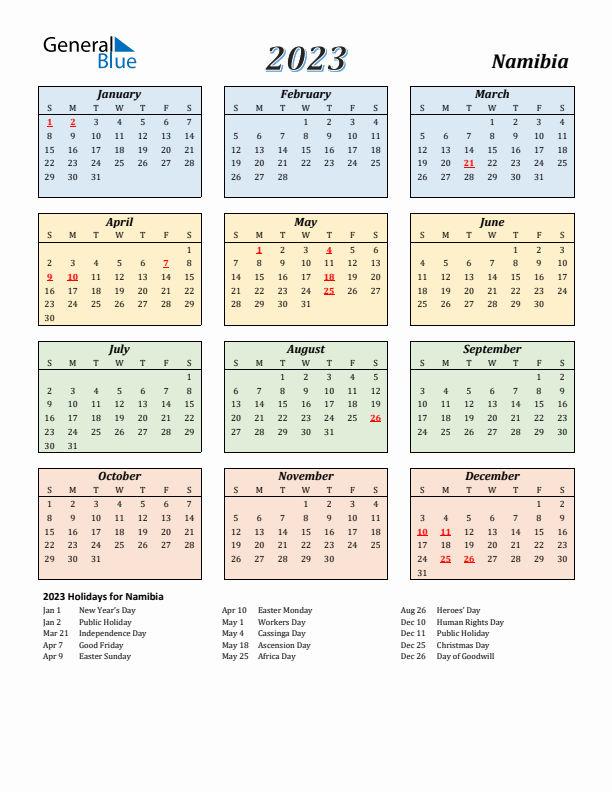 Namibia Calendar 2023 with Sunday Start