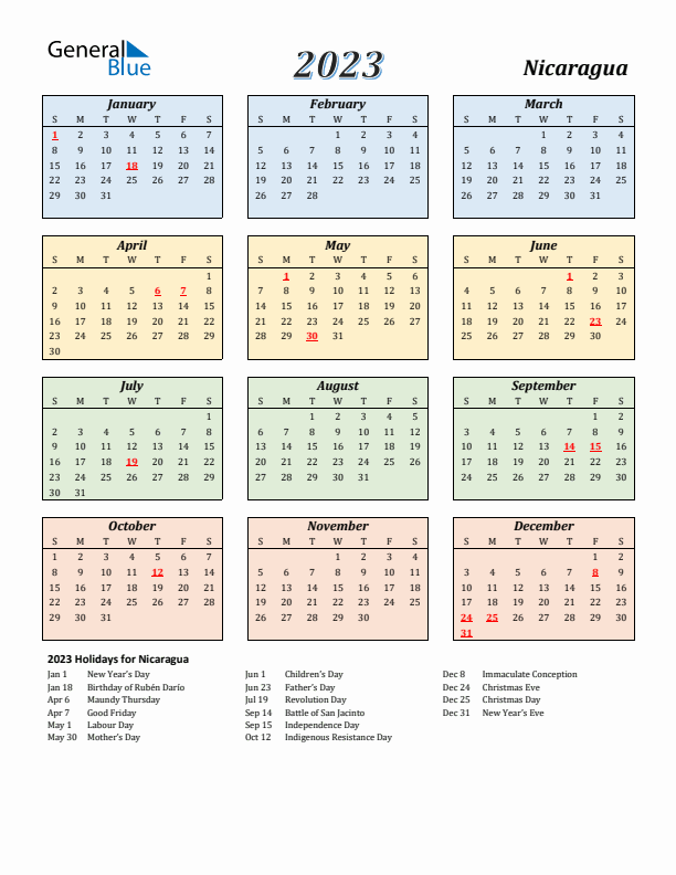 Nicaragua Calendar 2023 with Sunday Start