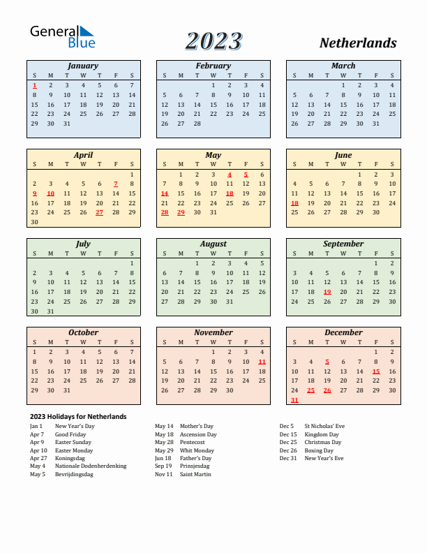 2023 Calendar Streamlined Colored With Holidays Portrait Sunday Start En Nl 612x792 