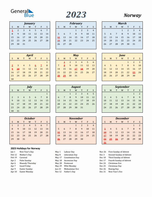 Norway Calendar 2023 with Sunday Start